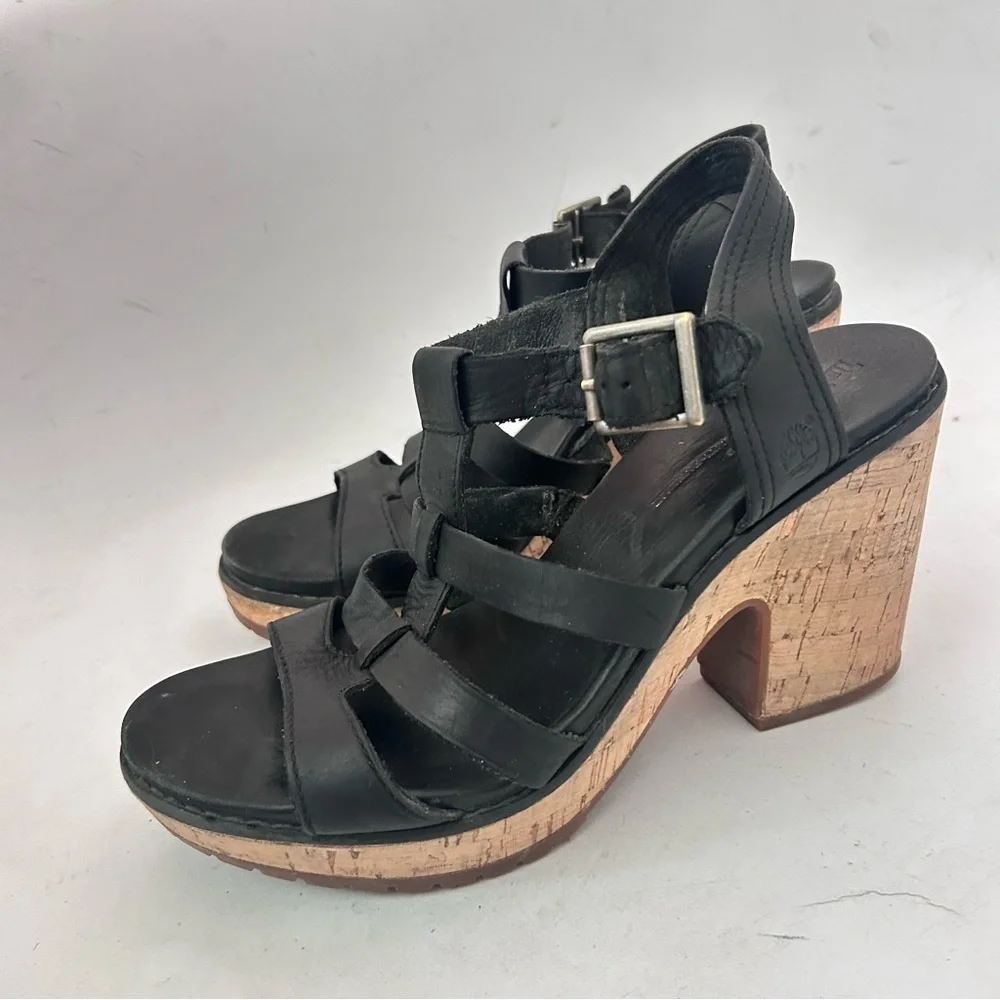 Timberland Roslyn Black Leather Chunky Plataform Strappy Sandals Sz 7.5 Y2k